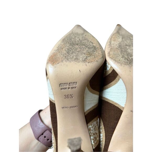 Miu Miu Women's Printed Fabric Pointed Heels EU 36.5 US 6.5 Yellow Brown - Picture 6 of 10